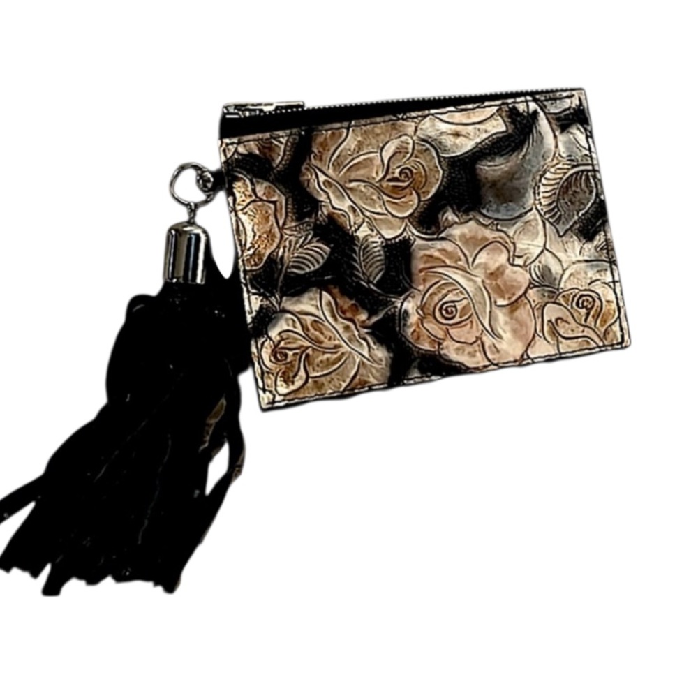 Snakeskin Embossed Studded Floral Zipper Suede Fringe Handle Pouch Card Holder